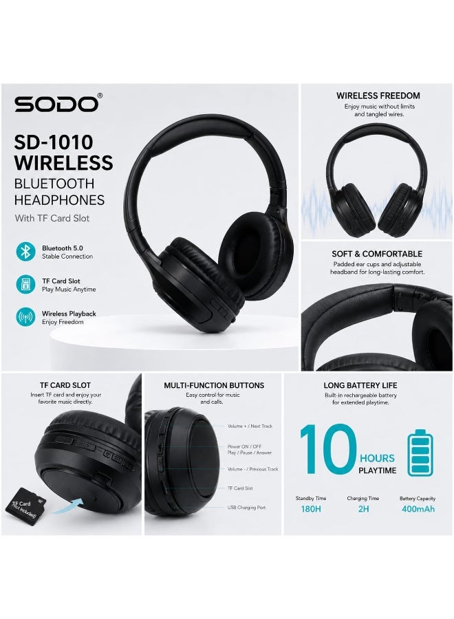 SODO SD-1010 Wireless Bluetooth Headphones with TF Card Slot & Built-in Mic - Black - Image 3
