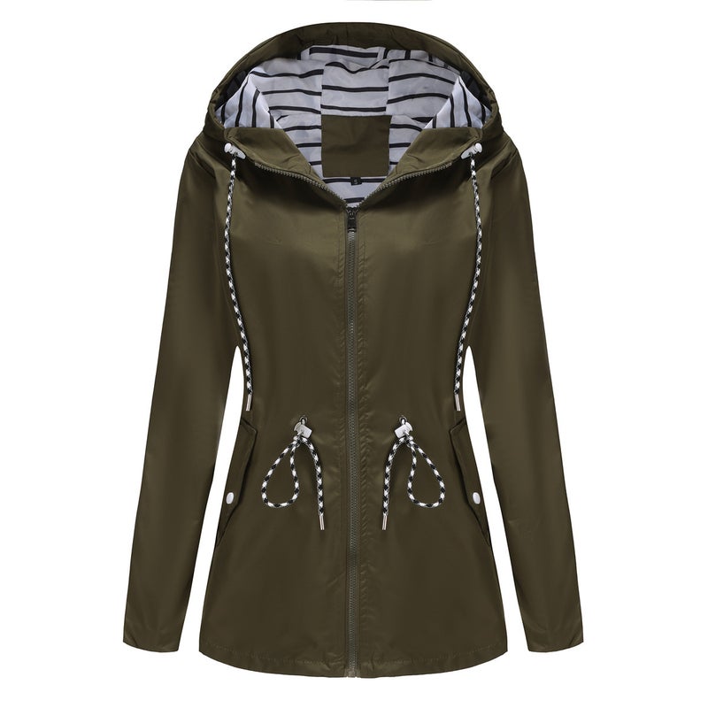 Water-Resistant Mid-Length Hooded Striped Raincoat for Women Army Green - Image 1