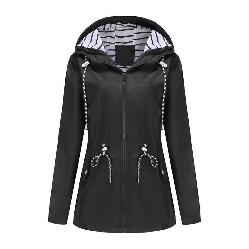 Water-Resistant Mid-Length Hooded Striped Raincoat for Women Army Green - Image 4