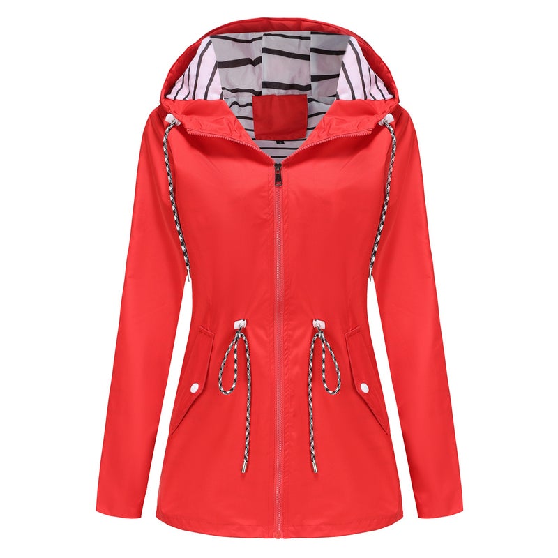 Water-Resistant Mid-Length Hooded Striped Raincoat for Women Army Green - Image 2
