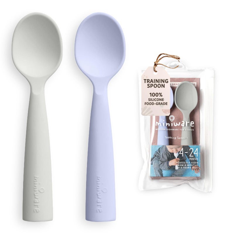 Miniware Silicone Baby Spoon for Training - BPA Free Baby Utensils - Baby Spoons Self Feeding 6 Months | 100% Food Grade Silicone - Modern & Dishwasher Safe Toddler Spoons (Grey and Lavender) - Image 1