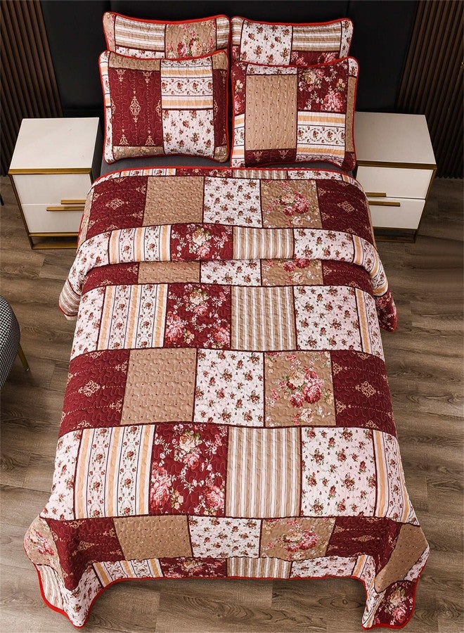 YASMENG 3 Pieces Floral Plaid Patchwork Bedding Quilt Set King Red Brown White Plaid Patchwork with Peony Flower Quilted Bedspread Coverlet Set Soft Lightweight Microfiber Bed Cover Set for All Seasons - Image 3