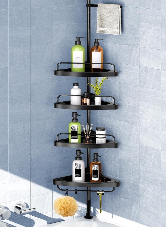 HAMITOR Corner Shower Caddy Tension Pole: Adjustable Stainless Steel Shower Organizer 4 Tier Shelf for Bathroom Bathtub Shampoo - Floor Standing Rack Bath Storage Holder with Rust Proof Rods - Black - Image 1