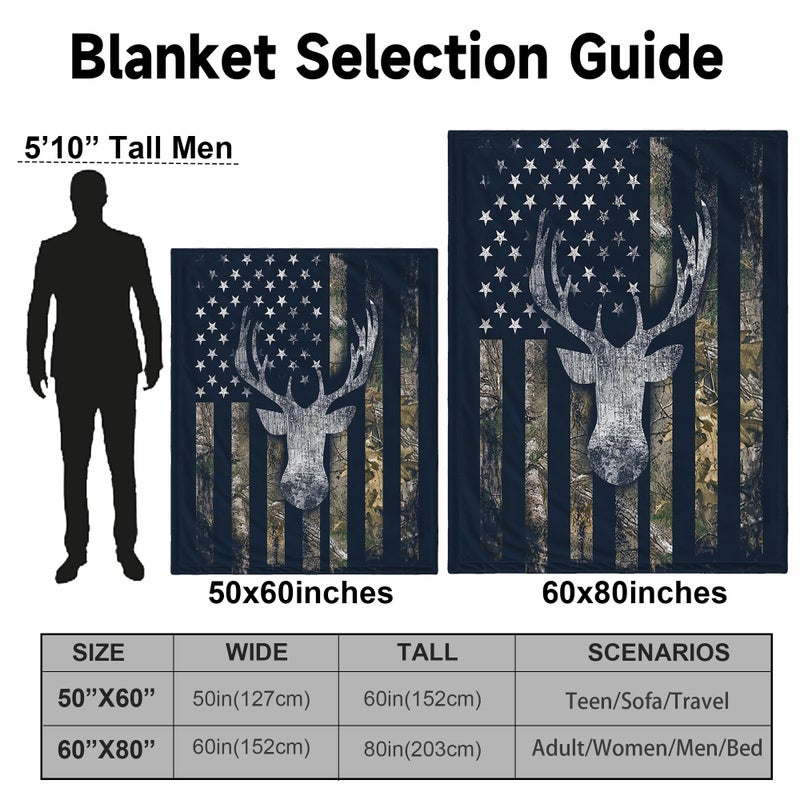 NHBTGSF MEN CAMO DEER بطانية الصيد بطانية هدايا الصيد للرجال مموهة الولايات المتحدة الأمريكية بطانيات العلم للرجال الصيد ديكور لأريكة السرير 60 "× 80" " - Image 4