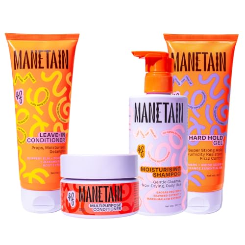 MANETAIN Washday Hold Bundle Full Size - Complete Curly Hair Care Set | Moisturizing Shampoo 237ml | Multipurpose Conditioner 200gm | Leave-In Conditioner 200ml and Hard Hold Gel 200ml - Image 1