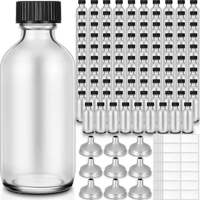 Nuogo Nuogo 100 Pack 2 oz Glass Bottles with Lids Clear Juice Shot Sample Bottles with Cap Small Boston Round for Potion Juice Ginger Shots Oils Whiskey LiquidsClear 