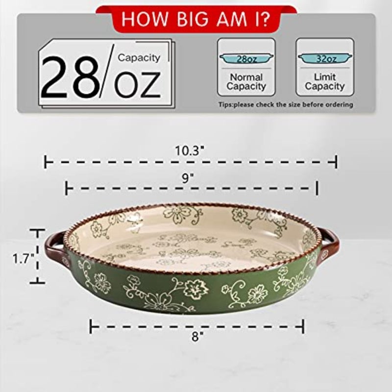 2 Pack Ceramic Pie Pan, 9 Inch Round Baking Dish with Double Handle, 28 oz Deep Quiche Plate for Kitchen, Cooking, Roasting Lasagna Sakura, Green - Image 2