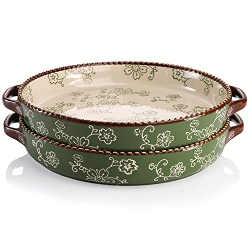 2 Pack Ceramic Pie Pan, 9 Inch Round Baking Dish with Double Handle, 28 oz Deep Quiche Plate for Kitchen, Cooking, Roasting Lasagna Sakura, Green - Image 1