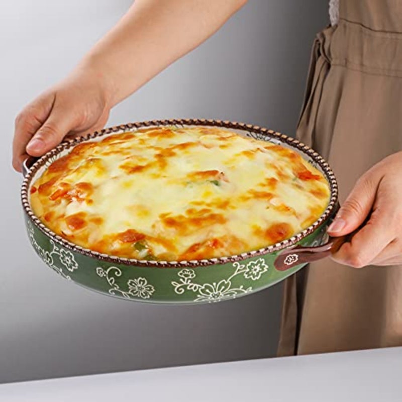 2 Pack Ceramic Pie Pan, 9 Inch Round Baking Dish with Double Handle, 28 oz Deep Quiche Plate for Kitchen, Cooking, Roasting Lasagna Sakura, Green - Image 4
