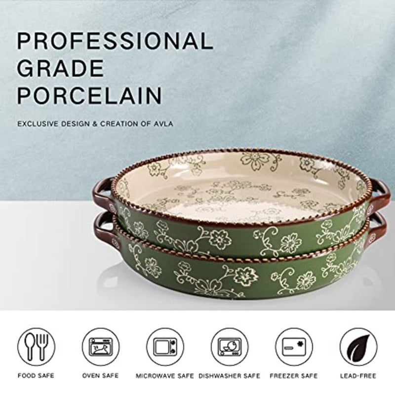 2 Pack Ceramic Pie Pan, 9 Inch Round Baking Dish with Double Handle, 28 oz Deep Quiche Plate for Kitchen, Cooking, Roasting Lasagna Sakura, Green - Image 3