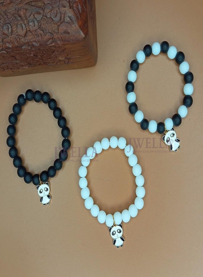 JWELLA Set of 3 Cute Panda Charm Beaded Bracelets for Kids | Black & White Elastic Wristbands for Girls | Funky Cartoon Rakhi Style - Image 2