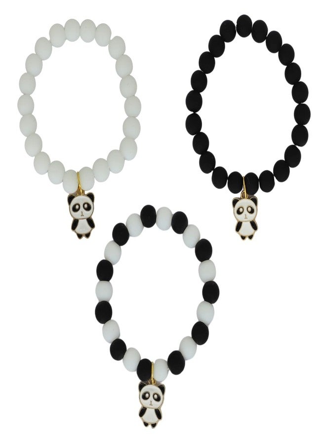 JWELLA Set of 3 Cute Panda Charm Beaded Bracelets for Kids | Black & White Elastic Wristbands for Girls | Funky Cartoon Rakhi Style - Image 1