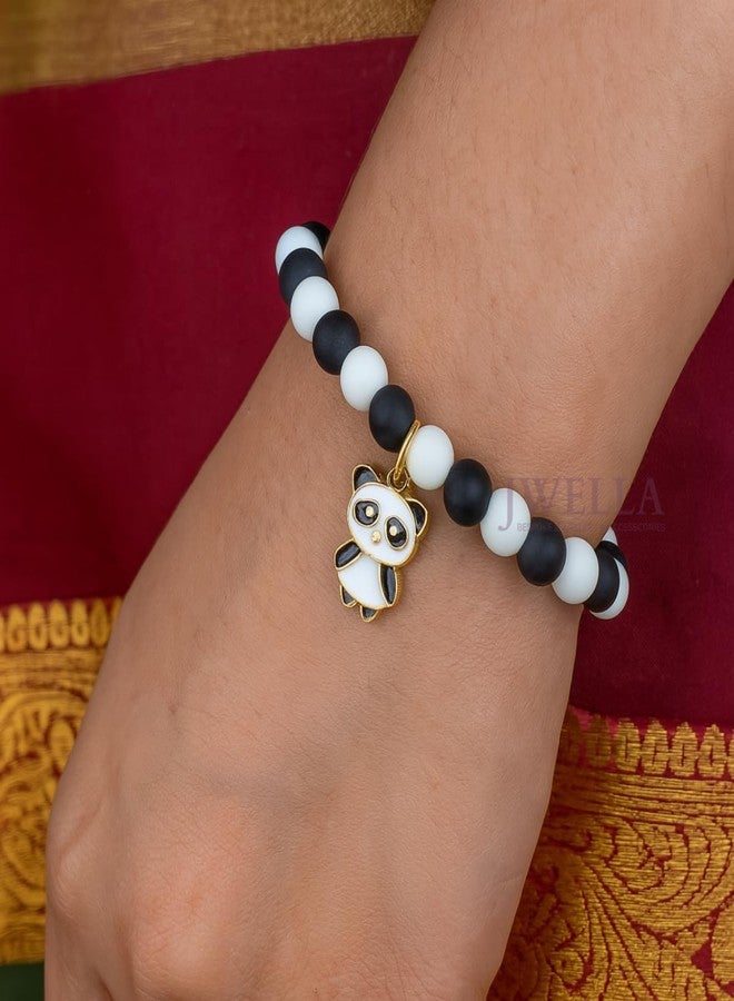 JWELLA Set of 3 Cute Panda Charm Beaded Bracelets for Kids | Black & White Elastic Wristbands for Girls | Funky Cartoon Rakhi Style - Image 3