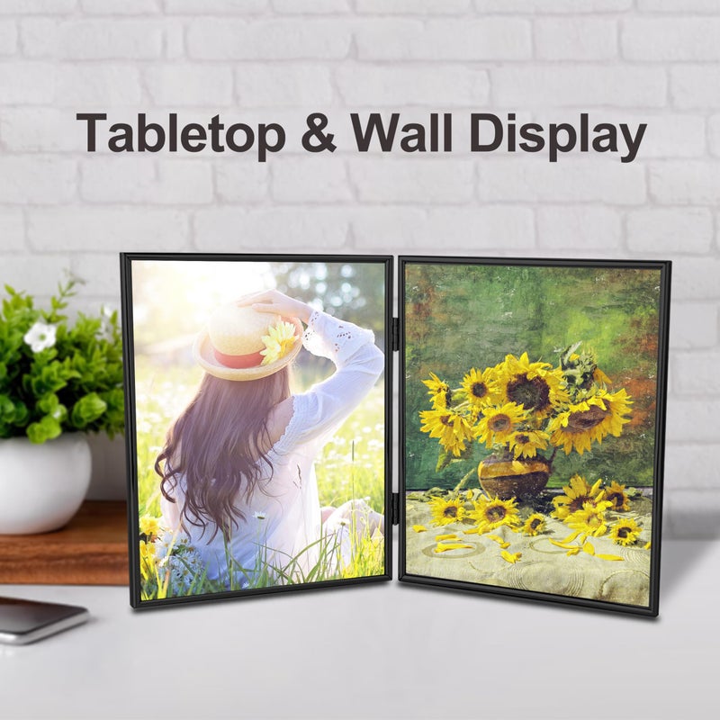 HIKWADERY 8x10 Picture Frame Double Hinged Folding  Elegant Thin Edge Metal Real Glass 8 by 10 Photo Frames  for Desktop and Wall Display (8 x 10  Black)