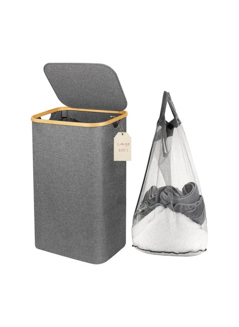 Foldable laundry Hamper with Lid and Removable Inner Bags, large Laundry Basket for Bedroom, laundry Bin for home, bathroom Space-Saving Design, portable Grey (Grey)