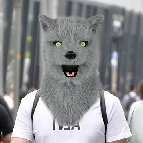 hbbhml Animal Dog Head Mask Realistic Furry Plush Tail Claw Gloves Full Wolf Masks for Halloween Party Carnival Cosplay Gray - Image 2