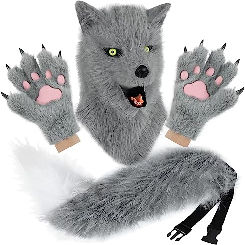 hbbhml Animal Dog Head Mask Realistic Furry Plush Tail Claw Gloves Full Wolf Masks for Halloween Party Carnival Cosplay Gray - Image 1