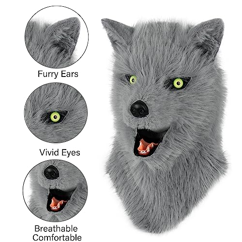 hbbhml Animal Dog Head Mask Realistic Furry Plush Tail Claw Gloves Full Wolf Masks for Halloween Party Carnival Cosplay Gray - Image 4