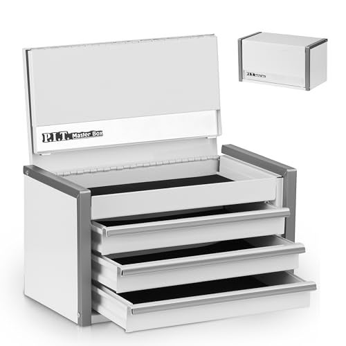 PIT P.I.T. Mini White Tool Box, Portable 3 Drawer Steel Stackable Tool Box with Magnetic Tab Locking, White Micro Top Chest with Liner for Tools Storage and Organizers, Home DIY - Image 1