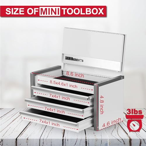 PIT P.I.T. Mini White Tool Box, Portable 3 Drawer Steel Stackable Tool Box with Magnetic Tab Locking, White Micro Top Chest with Liner for Tools Storage and Organizers, Home DIY - Image 2