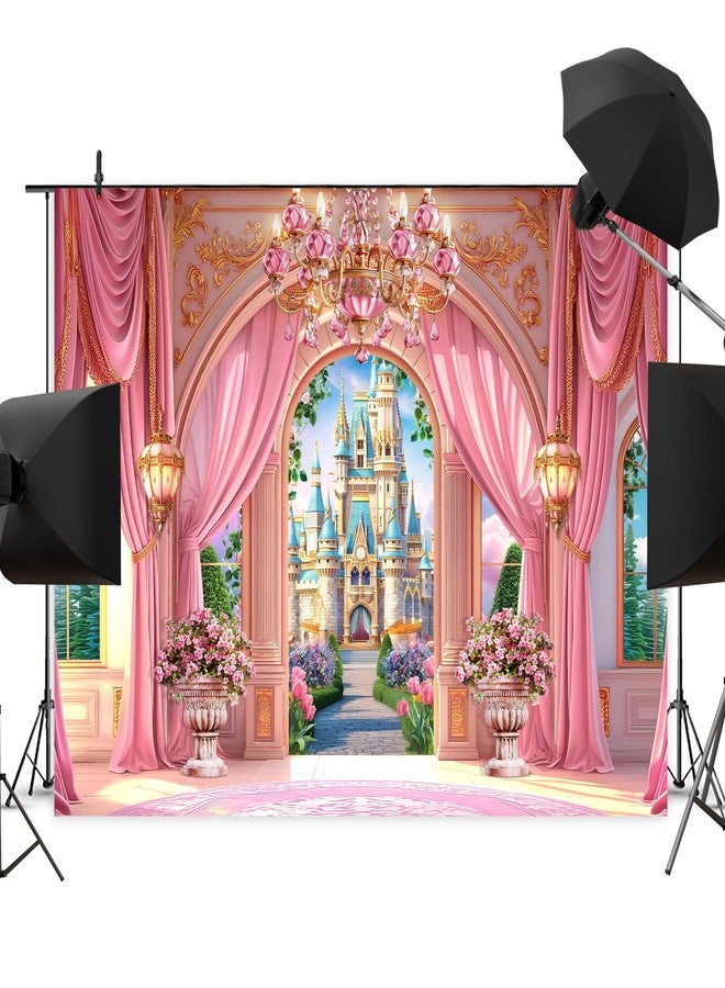 Newsely Princess Castle Garden Backdrop 8Wx6H Photography Pink Palace Curtain Crystal Floral Green Plants Cloud Lamp Sky Cute Background Girly Party Decorations Banner Photo Booth Props Supplies - Image 3