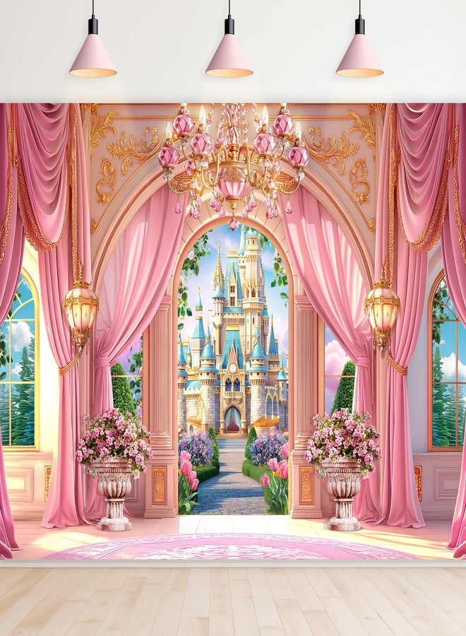 Newsely Princess Castle Garden Backdrop 8Wx6H Photography Pink Palace Curtain Crystal Floral Green Plants Cloud Lamp Sky Cute Background Girly Party Decorations Banner Photo Booth Props Supplies - Image 1