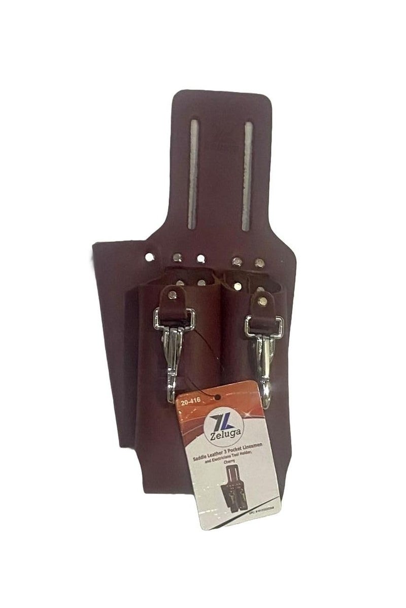 Zeluga Saddle Leather 3 Pocket Linesmen and Electricians Tool Holder (Cherry) - Image 4