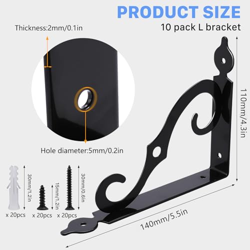 Tivcck 10 Pack Decorative Shelf Brackets54Inch Wall Mounted L Shape Shelf BracketHeavy Duty Shelf Brackets for ShelvesMetal Corner Brace Right Angle Bracket Shelf Support with ScrewsBlack - Image 3