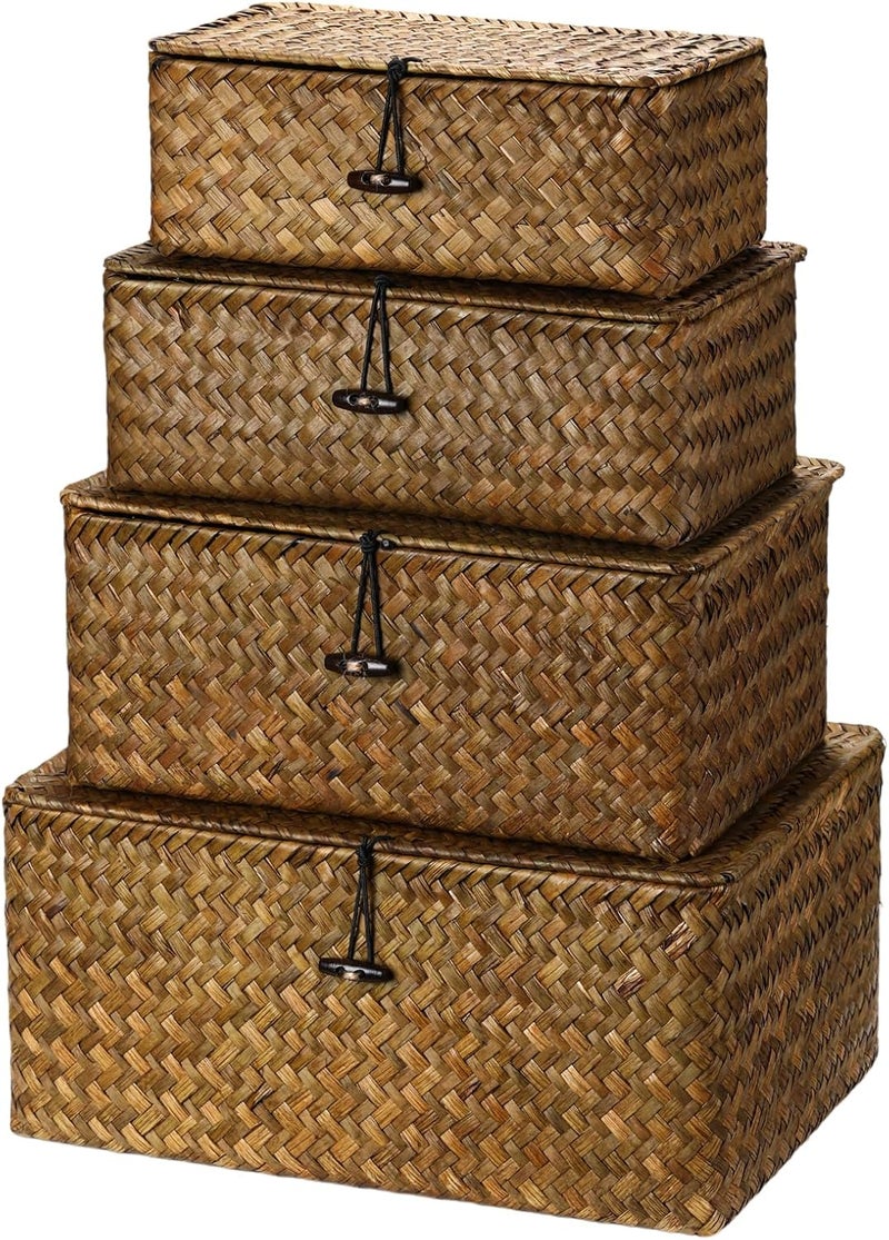 Woanger Set of 4 Rectangular Seagrass Storage Baskets with Lids in Brown, White Finish - Rustic Style for Office, Nursery Decoration and Storage - Image 1
