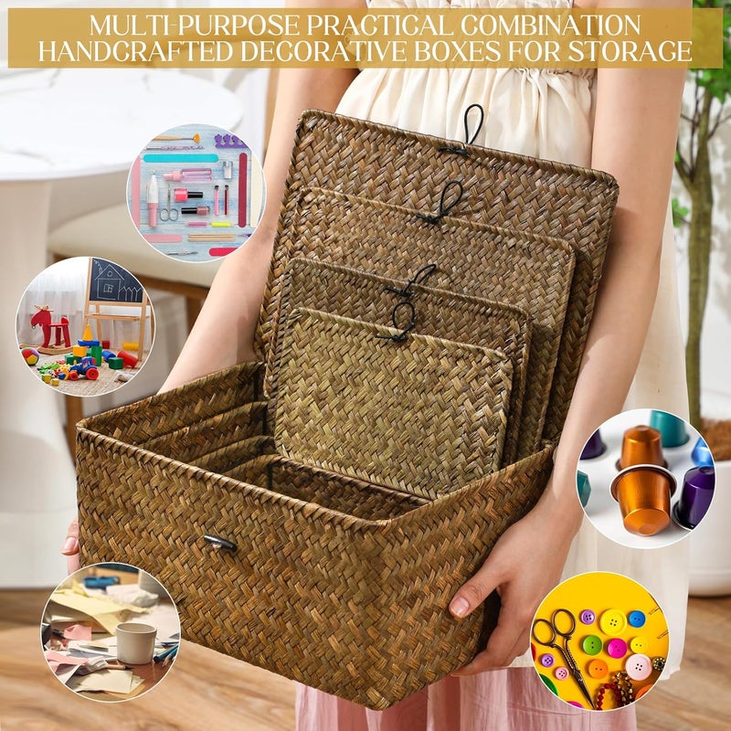 Woanger Set of 4 Rectangular Seagrass Storage Baskets with Lids in Brown, White Finish - Rustic Style for Office, Nursery Decoration and Storage - Image 4