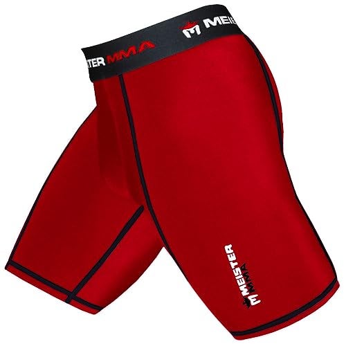 Meister MMA Compression Rush Fight Shorts w/Cup Pocket - Red - Large (34-35) - Image 3