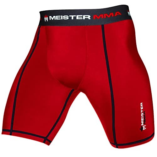 Meister MMA Compression Rush Fight Shorts w/Cup Pocket - Red - Large (34-35) - Image 1