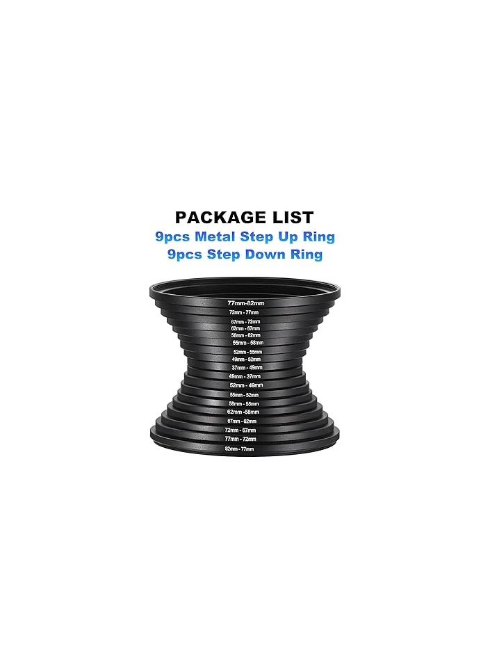 9pcs Step Up Ring, 9pcs Step Down Ring, Camera Lens Filter Adapter Ring Aluminum Filter Ring Adapter Set for Camera Lens Hood - Image 1