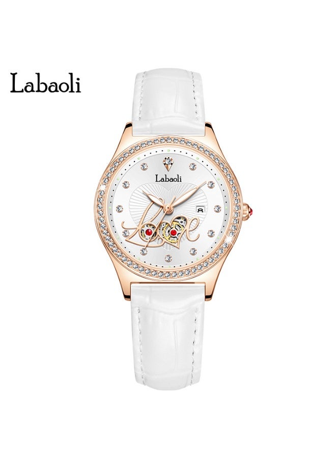 Elegant Ladies Waterproof Luminous Wristwatch Hollow LOVE‑Pattern Dial Rose Gold Case Red Leather Band Quartz Watch