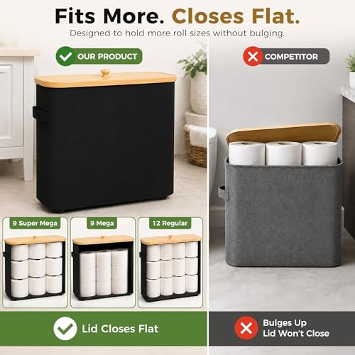 MinBoo Premium Waterproof Toilet Paper Storage Box with Bamboo Lid - Fits 9 Mega Rolls, 900D Heavy-Duty Fabric Bathroom Organizer Bin with Elevated Base & Handles for Narrow Spaces (17.3"x 6.9"x 15.5") - Image 2