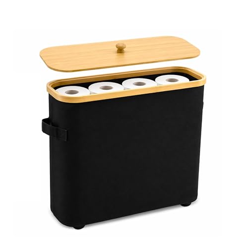 MinBoo Premium Waterproof Toilet Paper Storage Box with Bamboo Lid - Fits 9 Mega Rolls, 900D Heavy-Duty Fabric Bathroom Organizer Bin with Elevated Base & Handles for Narrow Spaces (17.3"x 6.9"x 15.5") - Image 1