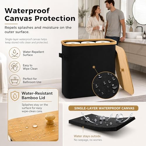 MinBoo Premium Waterproof Toilet Paper Storage Box with Bamboo Lid - Fits 9 Mega Rolls, 900D Heavy-Duty Fabric Bathroom Organizer Bin with Elevated Base & Handles for Narrow Spaces (17.3"x 6.9"x 15.5") - Image 4