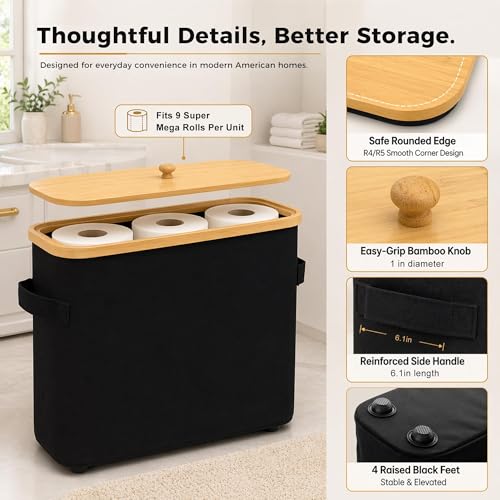 MinBoo Premium Waterproof Toilet Paper Storage Box with Bamboo Lid - Fits 9 Mega Rolls, 900D Heavy-Duty Fabric Bathroom Organizer Bin with Elevated Base & Handles for Narrow Spaces (17.3"x 6.9"x 15.5") - Image 5