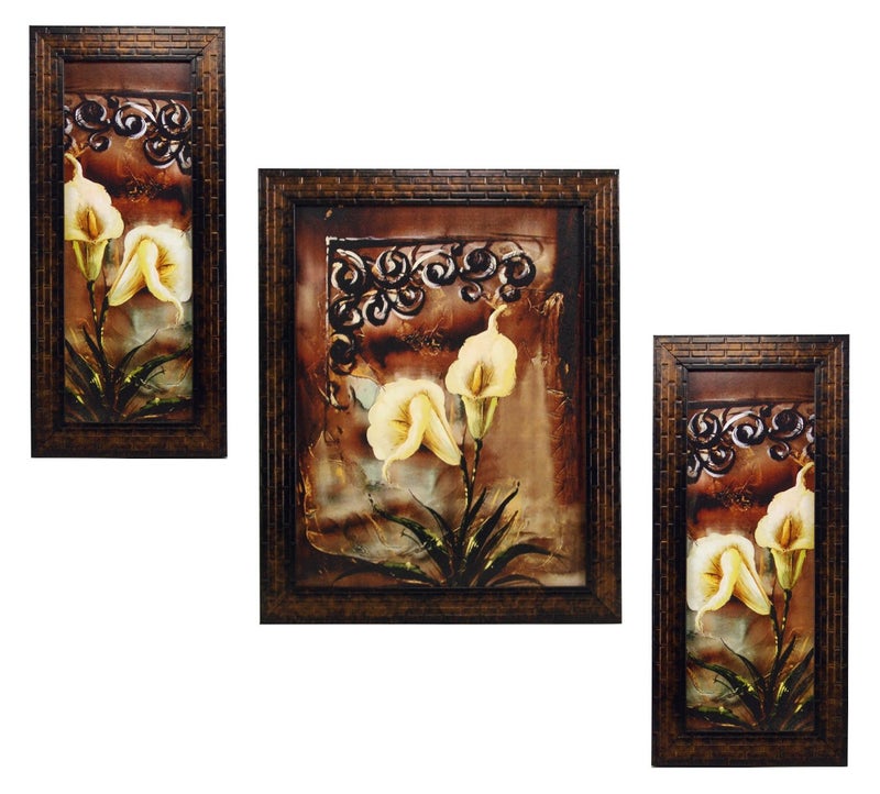 Indianara 3 PC Set of Floral Paintings (1119) Without Glass 5.2 X 12.5, 9.5 X 12.5, 5.2 X 12.5 INCH - Image 1