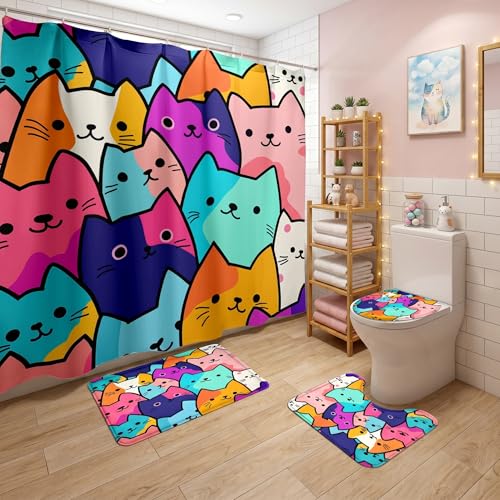Jiospet 4PCS Cat Shower Curtain Set - Funny Cat Design, 70x70 Inch Bathroom Curtain Sets with Rugs Bath Mat,U Shape,Toilet Lid Cover Mat and 12 Hooks, Stylish Bath Decor - Image 1