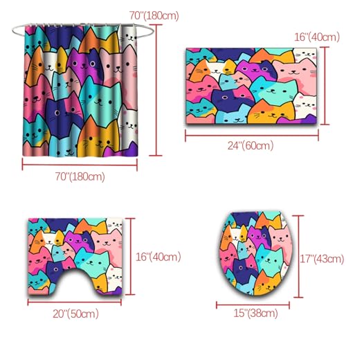 Jiospet 4PCS Cat Shower Curtain Set - Funny Cat Design, 70x70 Inch Bathroom Curtain Sets with Rugs Bath Mat,U Shape,Toilet Lid Cover Mat and 12 Hooks, Stylish Bath Decor - Image 4