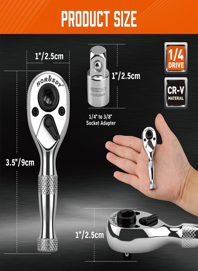 HORUSDY 1/4-Inch Stubby Ratchet Wrench Set, Chrome Alloy 90-Tooth Reversible 1/4" Drive Handle with Magnetic Bit Driver & 1/4" to 3/8" Adapter, Compact Socket Wrench for Tight Spaces, Auto, DIY - Image 3