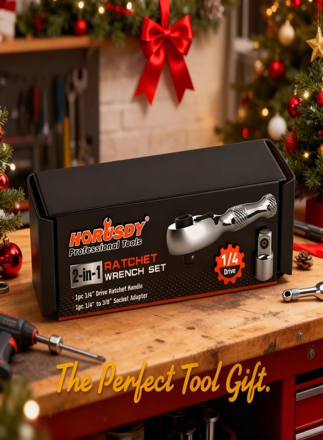 HORUSDY 1/4-Inch Stubby Ratchet Wrench Set, Chrome Alloy 90-Tooth Reversible 1/4" Drive Handle with Magnetic Bit Driver & 1/4" to 3/8" Adapter, Compact Socket Wrench for Tight Spaces, Auto, DIY - Image 2