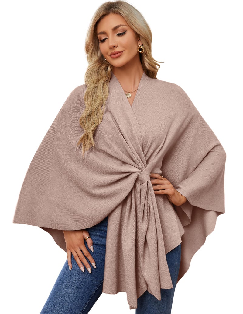PULI Womens Elegant Shawl Wraps Soft Open Front Poncho Sweater for Spring Fall Winter tan