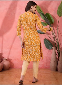 sanskrutihomes Mustard Pure Cotton Printed Floral Kurta for Women by Styli  - Image 2