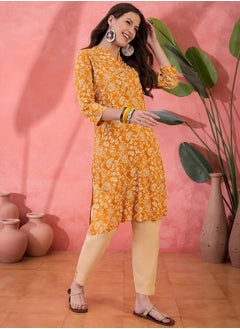 sanskrutihomes Mustard Pure Cotton Printed Floral Kurta for Women by Styli  - Image 3