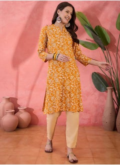sanskrutihomes Mustard Pure Cotton Printed Floral Kurta for Women by Styli  - Image 1
