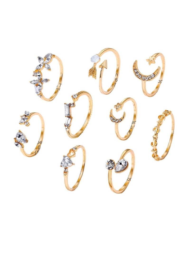 Huitich 9 Pcs Gold Crystal Moon & Arrow Ring Set Elegant Stackable Rings  - Image 1