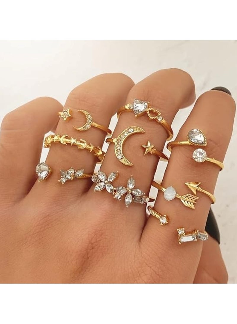 Huitich 9 Pcs Gold Crystal Moon & Arrow Ring Set Elegant Stackable Rings  - Image 3