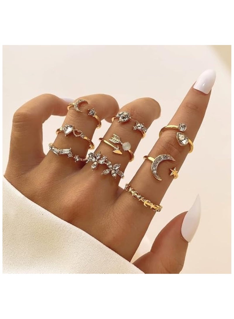 Huitich 9 Pcs Gold Crystal Moon & Arrow Ring Set Elegant Stackable Rings  - Image 4